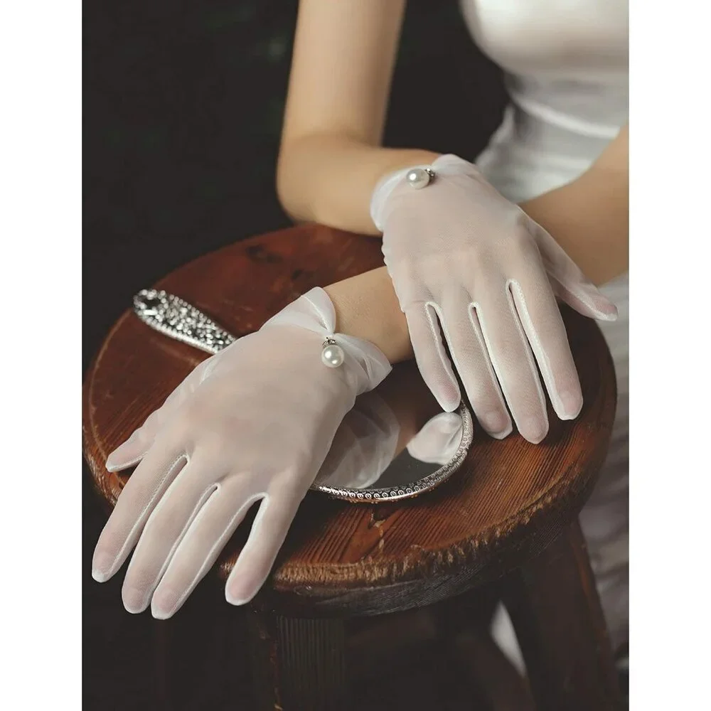Women's White Banquet Tulle Short Lace Gloves Summer Party Wedding Dancing Prom